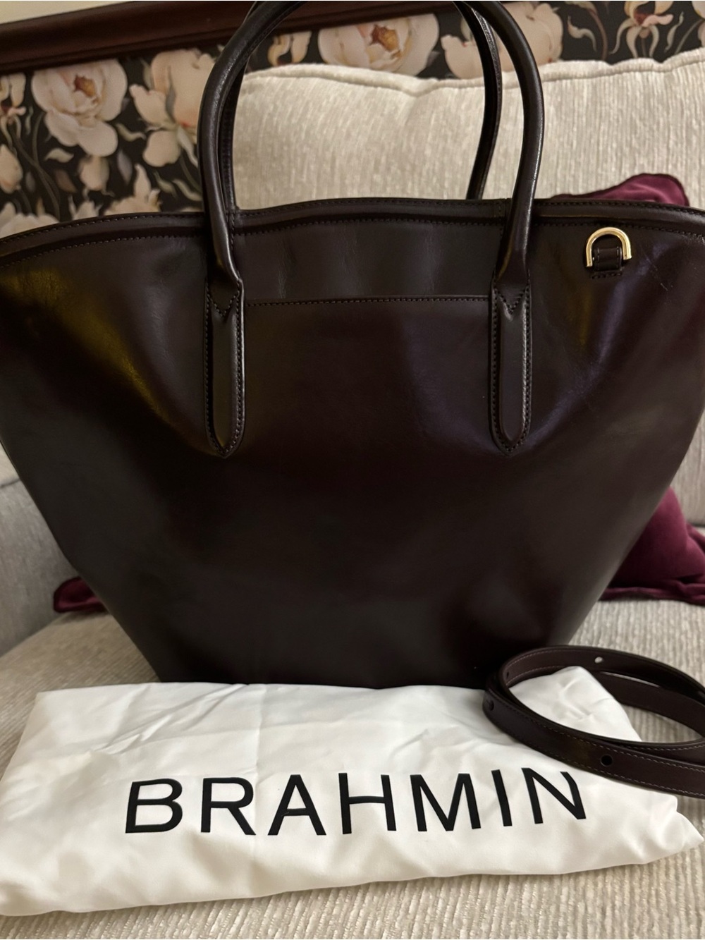 Brahmin Mira Leather Tote Espresso Layton | Large Market Tote - Picture 2 of 8